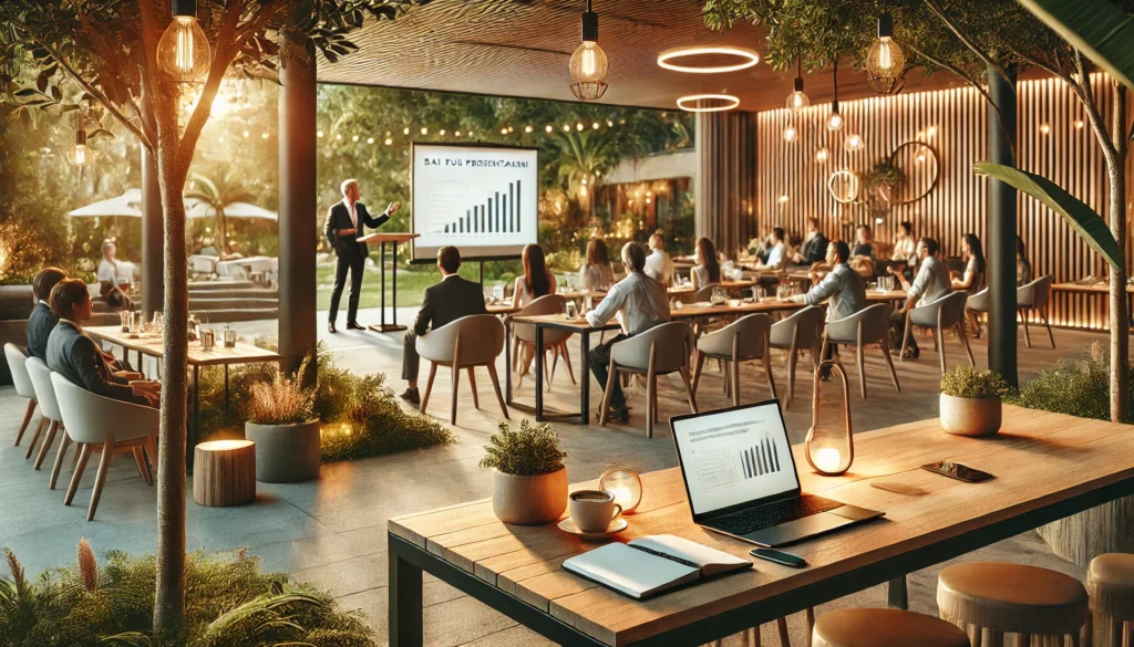 DALL·E 2025-01-26 18.06.50 - A modern and inviting outdoor workspace with a professional touch, featuring a speaker delivering a presentation to an engaged audience. The scene sho